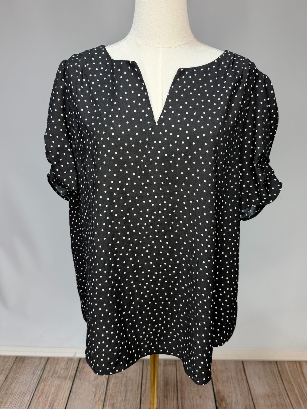 Jones New York Black and White Polka Dot Notch-Neck Blouse